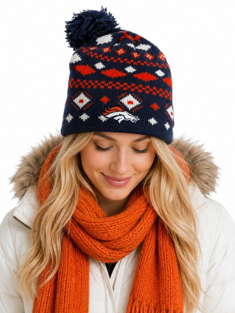 Denver Broncos Hat Multi Team Colors Cuffless Knit Braid Pom Cap NFL